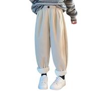 Fleece Lined Corduroy Pants for Toddler Boys Girls Elastic Waist Warm Winter Pants Thick Casual Sweatpants Kids Straight Wide Leg Baggy Plain Trendy School Trousers (Beige, 7-8 Years)