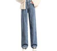 Fleece Lined Jeans for Women, Straight Leg Thermal Trousers with Pockets | High Waisted Sherpa Lined Denim Pants, Winter Warm Heavyweight Boyfriend Jeans for Ladies, Y2K Streetwear Fashion