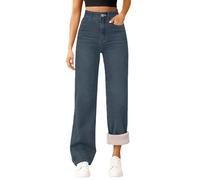 Fleece Lined Jeans Women High Waisted Wide Leg Baggy Jean for Ladies Winter Sherpa Thicken Denim Pants Vintage Washed Casual Thermal Trousers with Pockets Going Out Streetwear