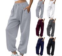 Fleece Lined Joggers Womens Fluffy Sherpa Trousers Warm Thermal Sweatpants Winter Thick Tracksuit Bottoms Elastic High Waisted Solid Jogging Pants Drawstring Pockets for Casual Gym Outdoor Streetwear