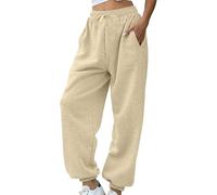 Fleece Lined Joggers Womens Fluffy Sherpa Trousers Warm Thermal Sweatpants Winter Thick Tracksuit Bottoms Elastic High Waisted Solid Jogging Pants Drawstring Pockets for Casual Gym Outdoor Streetwear