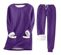 Fleece Lined Jumper 2 Piece Sets for Women Autumn Winter Warm Tracksuit Full Set Fleece Tracksuits Thick Velvet Plaid Fleece Tops and Jogging Bottom Warm Thermal Pajama Suits Outwear