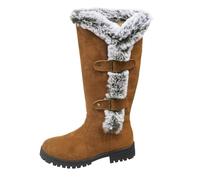 Fleece Lined Knee High Boots Women, Fully Fur Lined Snow Knee High Boots Low Chunky Heel Round Toe Faux Suede Leather Booties Pull On Booties with Buckle Shoes Comfort Fashion Walking Shoes Rose Gold