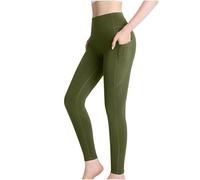Fleece Lined Leggings Women Stretch High Waisted Tummy Control Thermal Leggings Butt Lifting Workout Compression Pants Fitness Activewear Winter Thick Warm Trousers with Pockets,Green,L