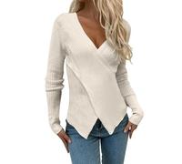 Fleece Lined Tops for Women Breathable 2025 Trendy Women Fashion V Neck Long Sleeve Solid Color Pullover Sweater Knitting Top Insulated Fleece Sweater (Beige, S)