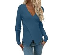 Fleece Lined Tops for Women Breathable 2025 Trendy Women Fashion V Neck Long Sleeve Solid Color Pullover Sweater Knitting Top Insulated Fleece Sweater (Dark Blue, M)
