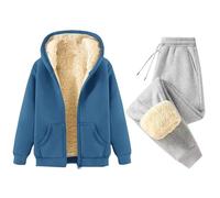 Fleece Lined Tracksuit Womens Full Set 2 Piece - Jogger Sets For Women Straight Leg Winter Warm Trouser Suits Thermal Plush Hooded Tracksuit Sets Loose Casual Activewear Soli Color Suit