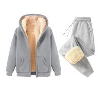 Fleece Lined Tracksuit Womens Full Set 2 Piece - Jogger Sets For Women Straight Leg Winter Warm Trouser Suits Thermal Plush Hooded Tracksuit Sets Loose Casual Activewear Soli Color Suit