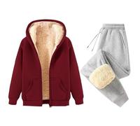 Fleece Lined Tracksuit Womens Full Set 2 Piece - Jogger Sets For Women Straight Leg Winter Warm Trouser Suits Thermal Plush Hooded Tracksuit Sets Loose Casual Activewear Soli Color Suit