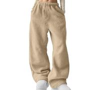 Fleece Lined Trousers Womens Fluffy Sherpa Warm Thermal Sweatpants Winter Thick Tracksuit Bottoms Casual Solid Plain Elastic High Waisted Basic Jogging Pants with Pockets for Daily Lounge Wear
