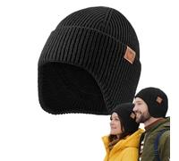 Fleece Lined Winter Beanie with Earflap & Windproof Design - Thick Thermal Knit Hat for Unisex, Soft Stretchy Fit for Outdoor Sports, Skiing, Fishing, Camping, Warm Woolly Cap Gift for Adults (Black)