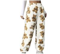Fleece Lounge Pants for Women UK Plush Fluffy Pajama Pants Bear Printed Comfy Soft Warm Fleece Long Pants Cute Winter Sleepwear Bottoms Teddy Fur Loose Trousers Yoga Pants Ladies White