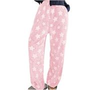 Fleece Lounge Pants for Women UK Star Print Pyjamas Bottoms Winter Plush Fluffy Pajama Pants Comfy Soft Warm Long Pants Sleepwear Teddy Fur Loose Trousers Ladies Loungewear Pink