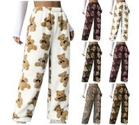 Fleece Lounge Pants Women Winter Plush Fluffy Pajama Pants Bear Printed Comfy Soft Warm Cute Sleepwear Bottoms Ladies Yoga Plush Teddy Fur Loose Trousers
