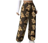Fleece Lounge Pants Women Winter Plush Fluffy Pajama Pants Bear Printed Comfy Soft Warm Fleece Lounge Long Pants Cute Sleepwear Bottoms Plush Teddy Fur Loose Trousers Yoga Pants Ladies Brown