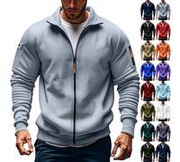 Fleece Pullover Mens Fleece Jackets Full Zip Long Sleeve Solid Color Military Tactical Cargo Sweatshirts Stand Collar Stretchy Sportwears Windbeaker Coat with no Hood Grey