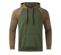 Fleece Pullover Men's Raglan Contrast Colour Block Hoodie Drawstring Fleece Lined Winter Jumper Slim Fit Hooded Shirt Streetwear Fashionable Hoodie, Green, L