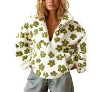 Fleece Pullover Women Patterned, Fall Cute Floral Half Zip Fleece Sweatshirt with Pocket Winter Long Sleeve Sherpa Jacket (White,XL)