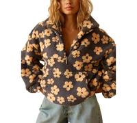 Fleece Pullover Women Patterned, Fall Cute Floral Half Zip Fleece Sweatshirt with Pocket Winter Long Sleeve Sherpa Jacket (Gray,XL)