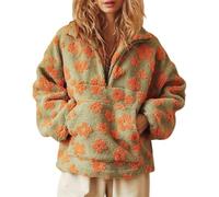 Fleece Pullover Women Patterned, Fall Cute Floral Half Zip Fleece Sweatshirt with Pocket Winter Long Sleeve Sherpa Jacket (Green,L)