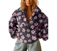 Fleece Pullover Women Patterned, Fall Cute Floral Half Zip Fleece Sweatshirt with Pocket Winter Long Sleeve Sherpa Jacket (Purple,M)
