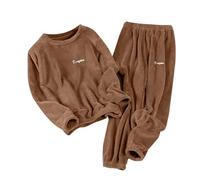 Fleece Pyjamas For Women Sets Winter Warm Pjs Thickened Flannel Warm Cosy 2 Pieces Pjs Plush Loungewear Sleepwear Soft Comfy Fur Teddy Nightwear Fluffy Top and Bottom Fuzzy Lounge Set Coffee
