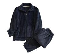 Fleece Pyjamas Set for Men Flannel Pjs Sets Fluffy Furry Full Zip Tops Pants Warm Lounge Set Matching Sleepwear Sherpa Winter Warm Pajamas Thicken Plush Loungewear Teddy Nightwear with Pockets Navy