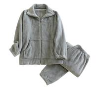 Fleece Pyjamas Set for Men Flannel Pjs Sets Fluffy Furry Full Zip Tops Pants Warm Lounge Set Matching Sleepwear Sherpa Winter Warm Pajamas Thicken Plush Loungewear Teddy Nightwear with Pockets Gray