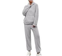 Fleece Pyjamas Set for Women UK Fluffy Soft Hooded Twosie Pyjama Sets Ladies Pjs Sherpa Fleece Loungewear Winter Warm Cosy Nightwear Lounge Wear Comfort Loose Fit Plush 2 Piece Sets with Pocket