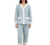 Fleece Pyjamas Women, Fluffy Pyjamas Sets Soft Warm Lounge Wear Set Long Sleeve Button Tops And Pants Ladies 2 Piece Fluffy Pjs Sets Loungewear Nightwear Sleepwear With Cute Bow Pockets One Size Blue