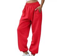 Fleece Sweatpants Womens Thicked Thermal Jogging Bottoms Solid Drawstring Cinch Warm Winter Trousers Elastic High Waist Tracksuits Baggy Straight Leg Sweat Pants with Pockets Gym Sports Trousers Red