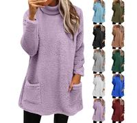 Fleece Sweatshirts for Women UK Teddy Fleece Longline Sweatshirts Lightweight Loose Knitted Jumper Plus Size Long Sleeve Winter Cosy Tops Crewneck Tunic Tops Pullover Sweaters with Pockets
