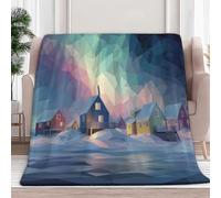 Fleece Throw 3D Printed Blanket Arctic Village Aurora 180x200 cm Flannel Blanket for Sofa Bed, Soft Warm Fluffy Sherpa Throw Blankets, for Adult Kids Home Decor