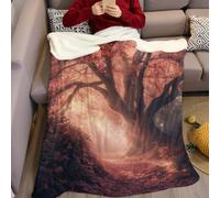Fleece Throw Blanket 70 x 100 cm Autumn Forest Landscape 3D Printed Ultra Soft Cozy Blanket Fluffy Warm Flannel Fabric Children Teen Bed Couch Office Home Decor, Pink Orange