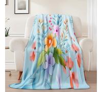 Fleece Throw Blanket 71 x 87 inch - Watercolor Spring Flowers Leaves Printed Sherpa Plush Blanket for Bed Room Couch Decor, Light Blue Warm Lightweight King Size Blankets for Sofa Women Adults