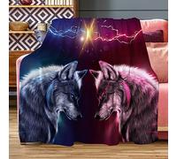 Fleece Throw Blanket 80"x60", Soft Cozy Warm Fuzzy Flannel Plush Blanket Blue vs. Red Flash Wolf Design Lightning Wolves Blanket for Couch, Sofa, Bed, Living Room