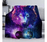 Fleece Throw Blanket 80"x60", Soft Cozy Warm Fuzzy Flannel Plush Blanket Colorful Galaxy Wolf Purple Planet Blue Earth Blanket for Couch, Sofa, Bed, Living Room