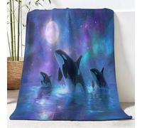 Fleece Throw Blanket - Animals Orcas Moon Starry Sky Printed Blankets for Sofa & Couch, Dreamy Fuzzy Soft Cozy Flannel Throw Blanket For Camping Travel, 150x200 cm