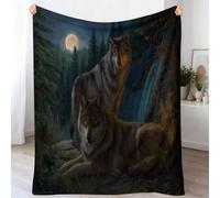 Fleece Throw Blanket - Animals Wolf Moon Trees Printed Blankets for Sofa & Couch, Fantasy Fuzzy Soft Cozy Flannel Throw Blanket For Camping Travel, 180x200 cm