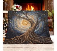 Fleece Throw Blanket, Checkered Blankets Hand Drawn Tree Of Life Soft Warm Cozy Throw Blankets for Bed Blue Sherpa Fluffy Flannel Blanket, Couch Sofa Small Single 100x130cm