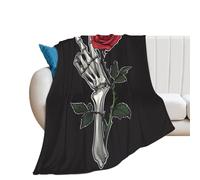 Fleece Throw Blanket for Picnic,Fluffy Bed Throw Love's Day Skull Roses Washable and Luxury Travel Bedspread L