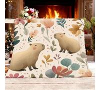 Fleece Throw Blanket for Sofa - Cartoon Capybara With Florals Fluffy Cosy Warm Blankets for Bed, Beige Soft Cute Single Throw Gifts for Women and Girls Small Single 100x130cm