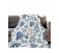 Fleece Throw Blanket, Hydrangea Blue Flowers Lightweight Warm Cozy Soft Flannel Blankets for Couch Bed Sofa Camping for All Seasons, Spring Floral Blossom Eucalyptus Leaves 50"x80"