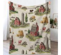Fleece Throw Blanket - Red Barn Haystacks Animals Printed Blankets for Sofa & Couch, Cartoon Watercolour Fuzzy Soft Cozy Flannel Throw Blanket For Camping Travel, 180x200 cm