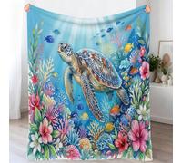 Fleece Throw Blanket - Soft Animal Sea Turtle Flowers Coral Reef Printed Fluffy Throws For Sofas Bed Settee Couch, Watercolour Hand-drawn Extra Warm Cosy Fleece Blanket for Camping Travel, 80x150 cm
