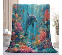 Fleece Throw Blanket - Soft Elegant Marine Animal Dolphin Printed Fluffy Throws For Sofas Bed Settee Couch, Blue Extra Warm Cosy Fleece Blanket for Camping Travel, 150x200 cm