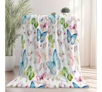 Fleece Throw Flannel Blanket Single Size Watercolor Butterfly Pattern Sherpa Bed Blanket, Soft and Warm Fleece Throw Flannel - for Kids Teens Adults and Bed Couch 127 x 152 cm Light Blue