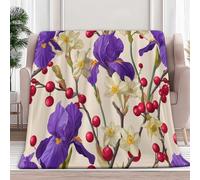 Fleece Throws Blanket Daffodils Irises Berries 220x240 cm 3D Printed Throws for Sofa Bed Lightweight Fluffy, Super Soft Warm Blanket for All Seasons, Kids Audlts Home Decor Gifts