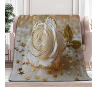 Fleece Throws Blanket for Sofa White Roses Golden Stars 180x200 cm Fluffy Blanket Bed Throw, Warm Soft Flannel Blanket for Couch, Cosy Home Gift For Adult Kids