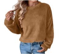 Fleece Tops Women Fluffy Fuzzy Pullover Sherpa Sweatshirt Winter Warm Teddy Soft Jumper Plush Comfy Round Neck Shirt Ladies Casual Loose Thick Sweatshirts Tops Solid Color Thermal Underwear Coffee